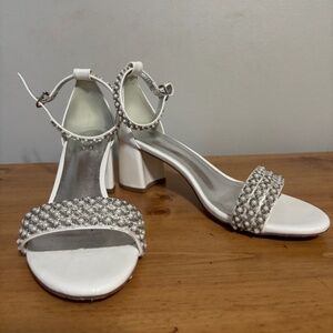 White pearl block heels